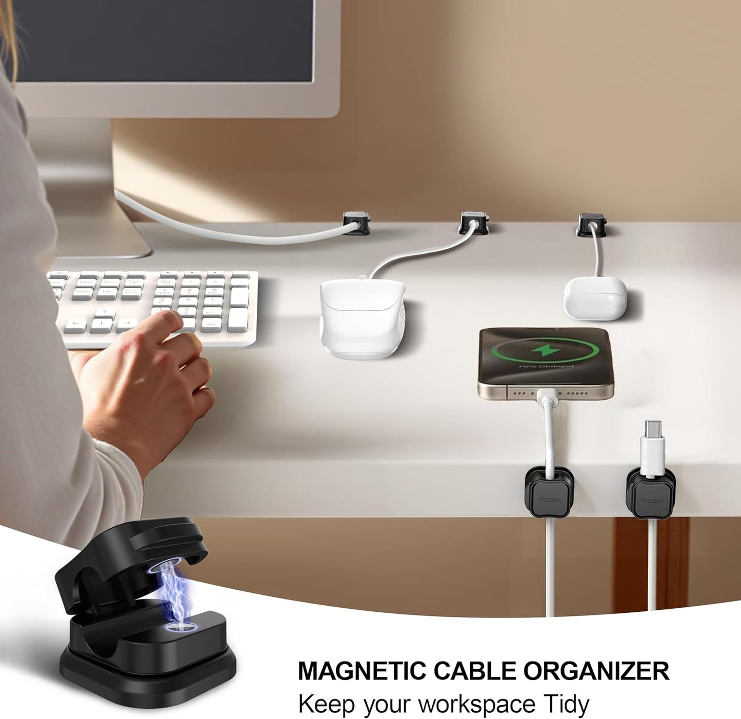 6 Pack Magnetic Cable Clip Organizer Cord Holder, Picozon Adhesive Cable Management, Wire Phone USB Charger Cable Holder Keeper Organizer for Car, Office Home Desktop, Wall, Night Table - Black