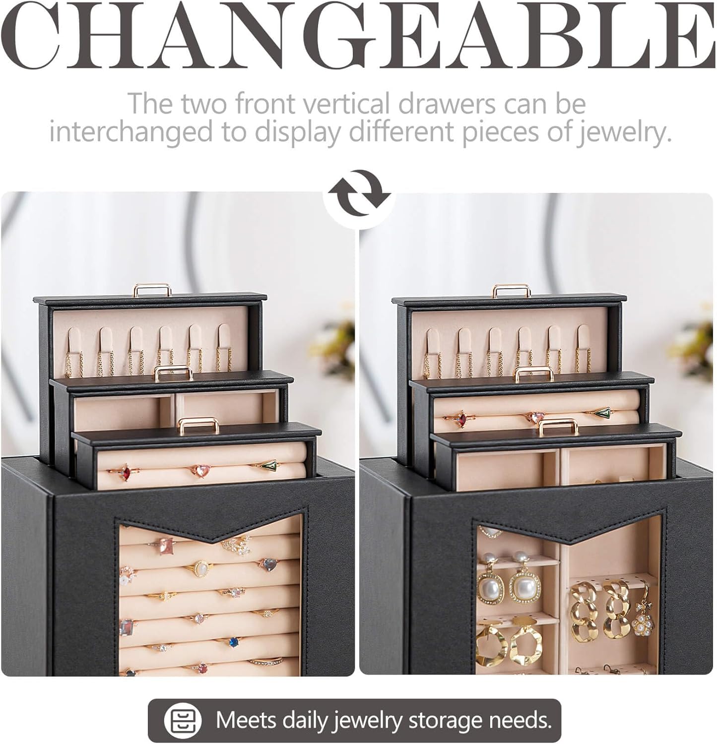 Homde Jewelry Organizer with Transparent Window Necklace Hooks Gift for Women Jewelry Box Display Case for Necklaces Rings Earrings Bracelets and Other Jewelry Accessories (Black + Gold)