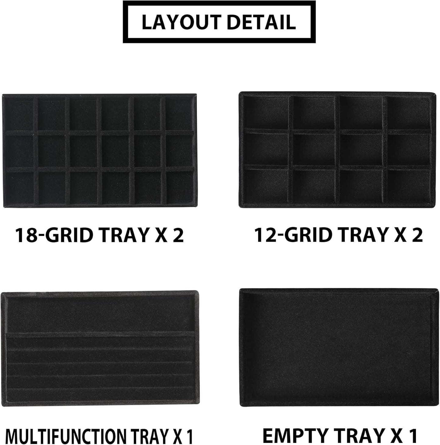 Frebeauty Jewelry Organizer Tray,Stackable Velvet Jewelry Trays,Drawer Inserts Earring Organizer For Women Jewelry Storage Display Case for Rings Stud Necklaces,Set of 6(Black)