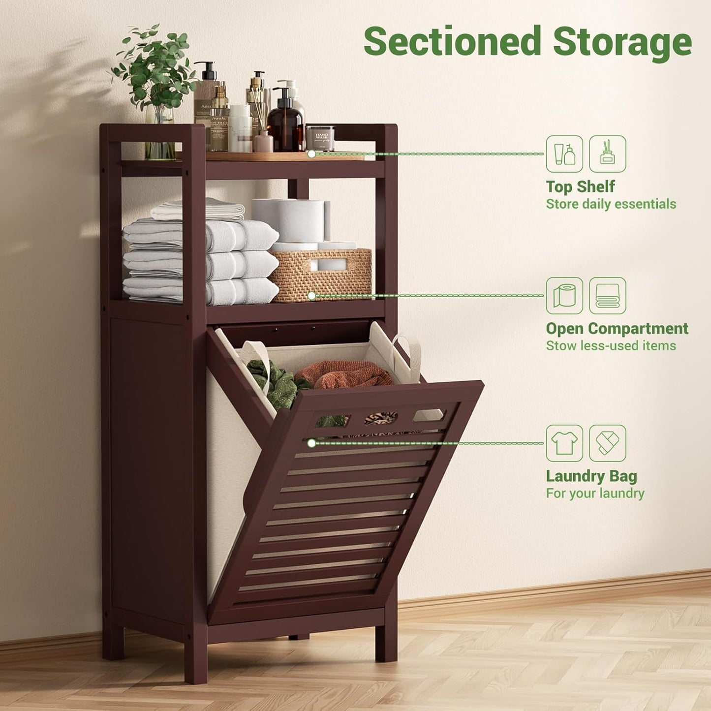 Homykic Tilt Out Laundry Hamper Cabinet, 10 Gal Bamboo Laundry Cabinet with Removable Basket, Hidden Hamper Organizer with Shelf for Dirty Clothes, Bathroom, Laundry Room, Space Saving, Espresso