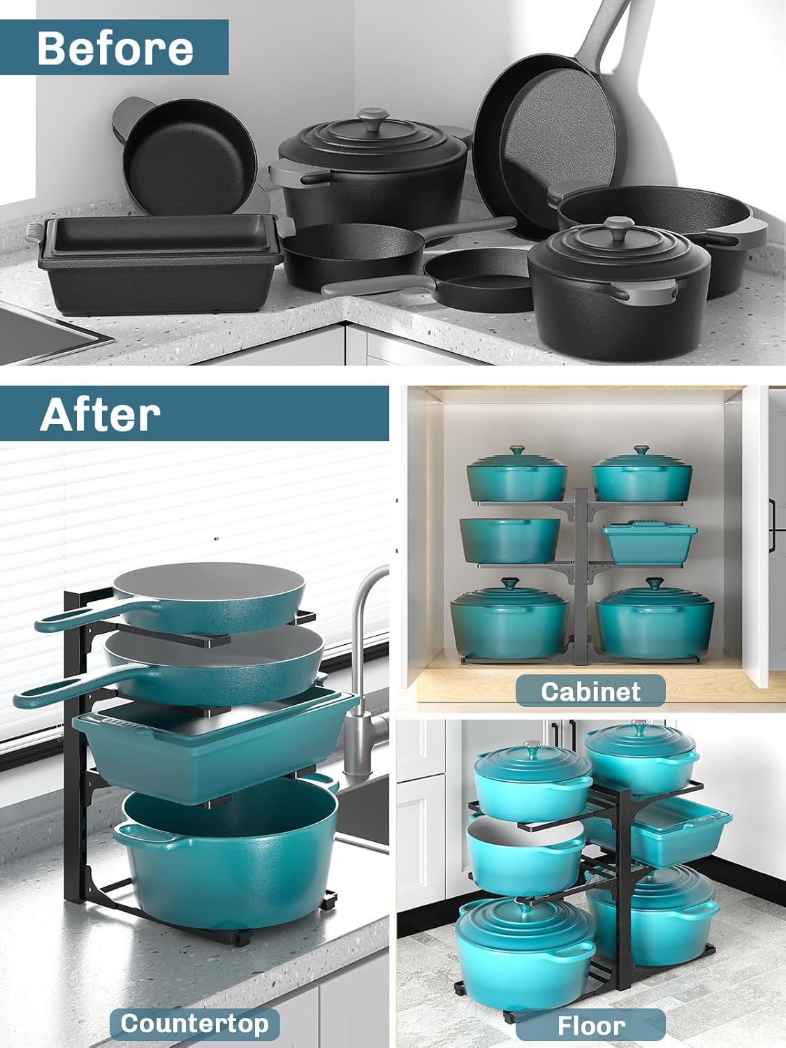 MUDEELA 6-Tier Pots and Pans Organizer under Cabinet, 13.78" Height Heavy Duty Pot and Pan Organizer Kitchen Cabinet Organization and Storage, Adjustable Pot Rack for Frying Pan, Cast Iron Skillet