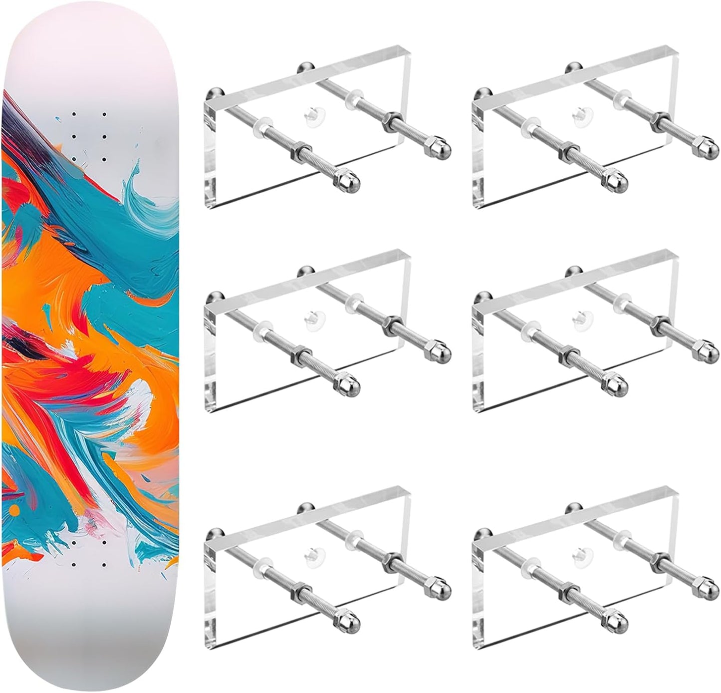 6 Pcs Skateboard Wall Mount Clear Acrylic Floating Skateboard Hanger for Skate Board Deck Display Storage with Installation Screws