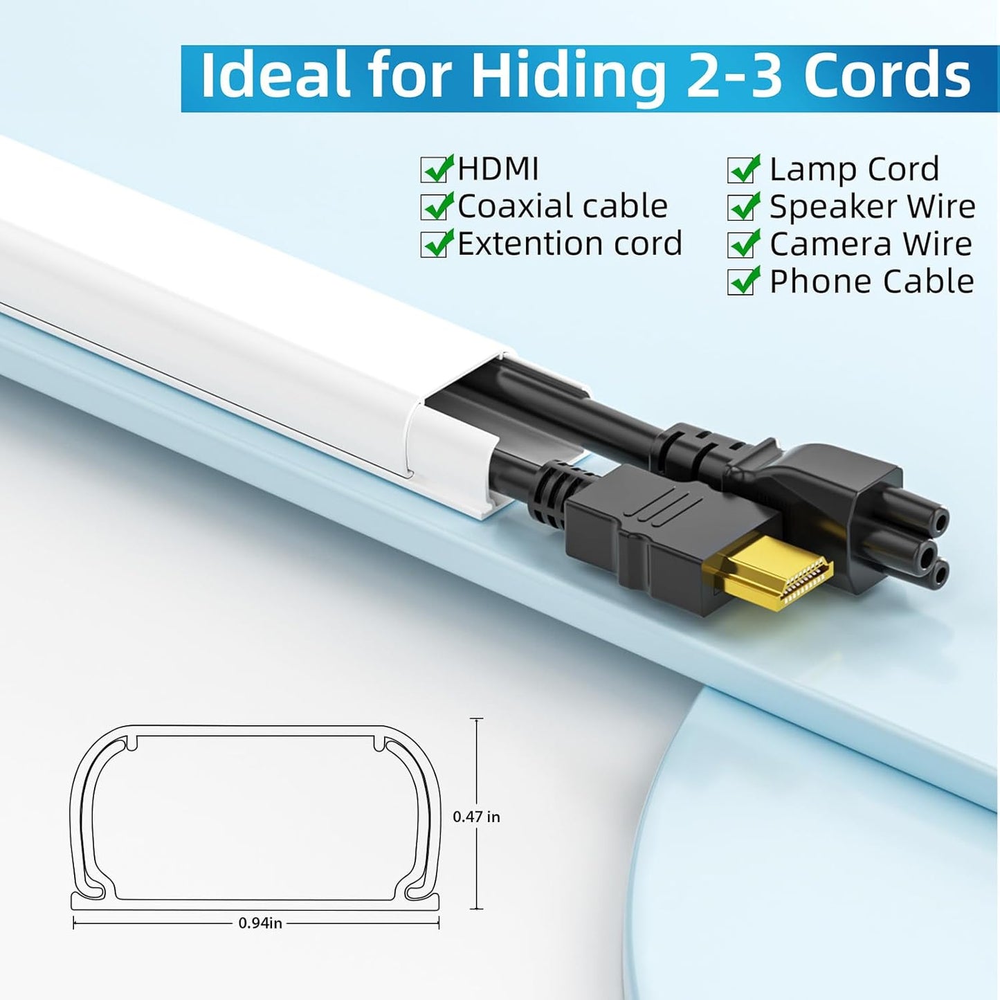 Yecaye 235in Wall Cord Hider for 2-3 Cords, On-Wall Cord Cover Channel, Long Cable Concealer, Cable Cover Cords Management for Home Office, W0.94in H0.47in, White