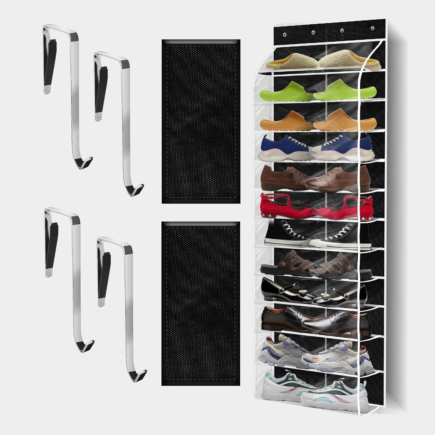 Over The Door Shoe Organizer with 12 Large Breathable Pockets - Heavy Duty Hanging Storage for Adult, Kids & Baby Shoes - Black
