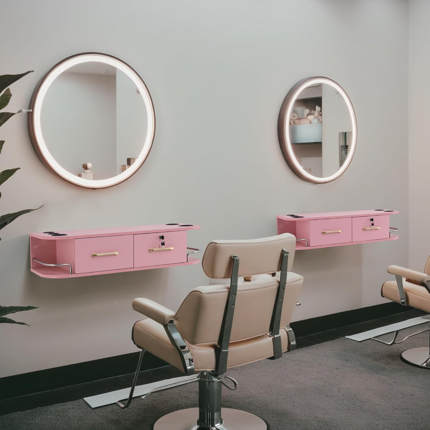 BarberPub Beauty Locking Wall Mount Styling Station, Barber Salon Station with Hair Dryer Holders, Spa Storage Floating Equipment with 2 Drawers 5012 (Pink)