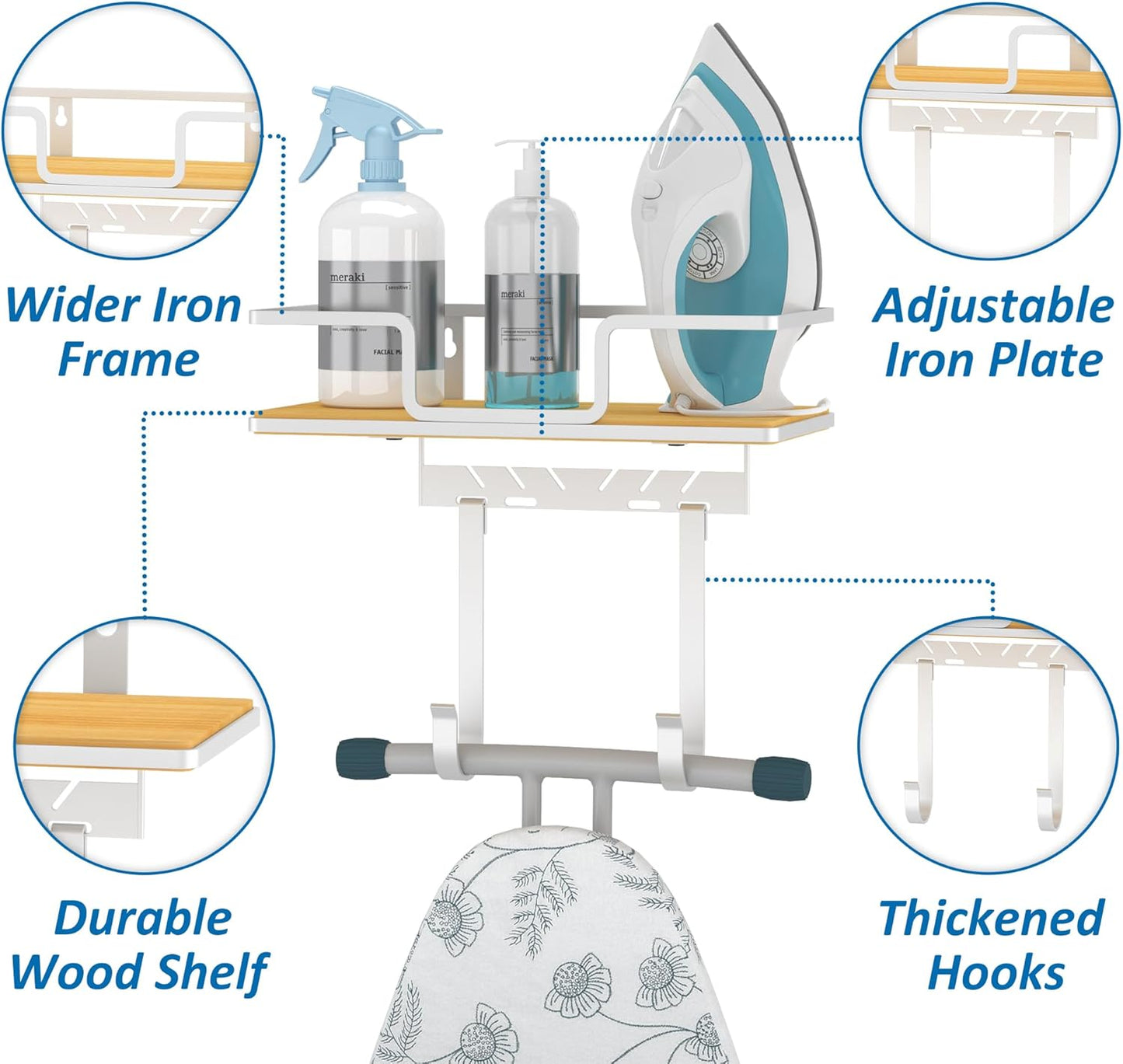 efluky Ironing Board Hanger with Removable Hooks, Ironing Board Holder Wall Mount for T/Y Legs, 12.59" L x 5.9" W x 2.36" H, White