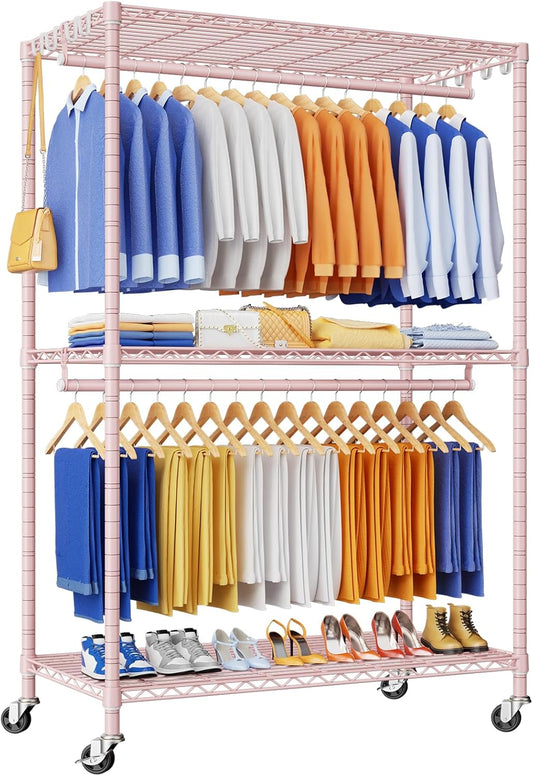 P8 Heavy Duty Clothes Rack（With Extended Width Design） Rolling Clothing Racks for Hanging Clothes，Portable Garment Rack with Lockable Wheels，51.2" W x 15.8" D x 80.5" H，Max Load 700LBS，Pink
