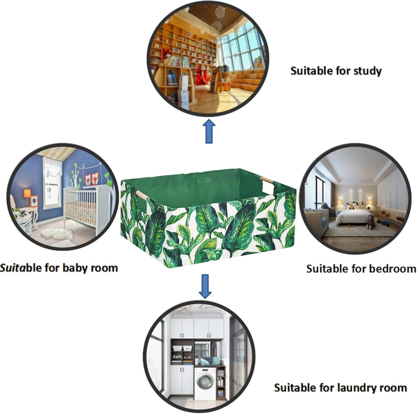 Storage Bin for Shelves Rectangle Closet Baskets Foldable Box with Handles Green Leaves Shelf Baskets Toy Boxes for Home Office Car Dormroom