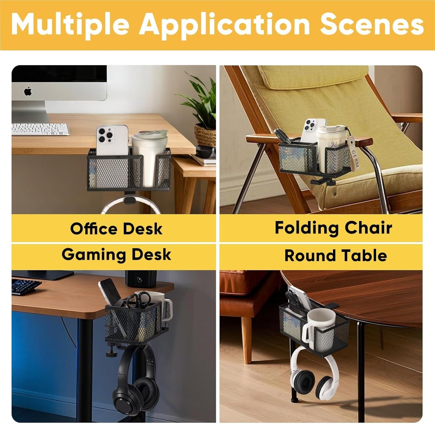 4 in 1 Metal Clip On Cup Holder Attachment for Gaming Desk or Table, Sturdy and Easy to Clamp, Attachable Anti-Spill Cup Holder for Salon Chair, Bedside, Water Bottles, Drinks, Headphones - Black