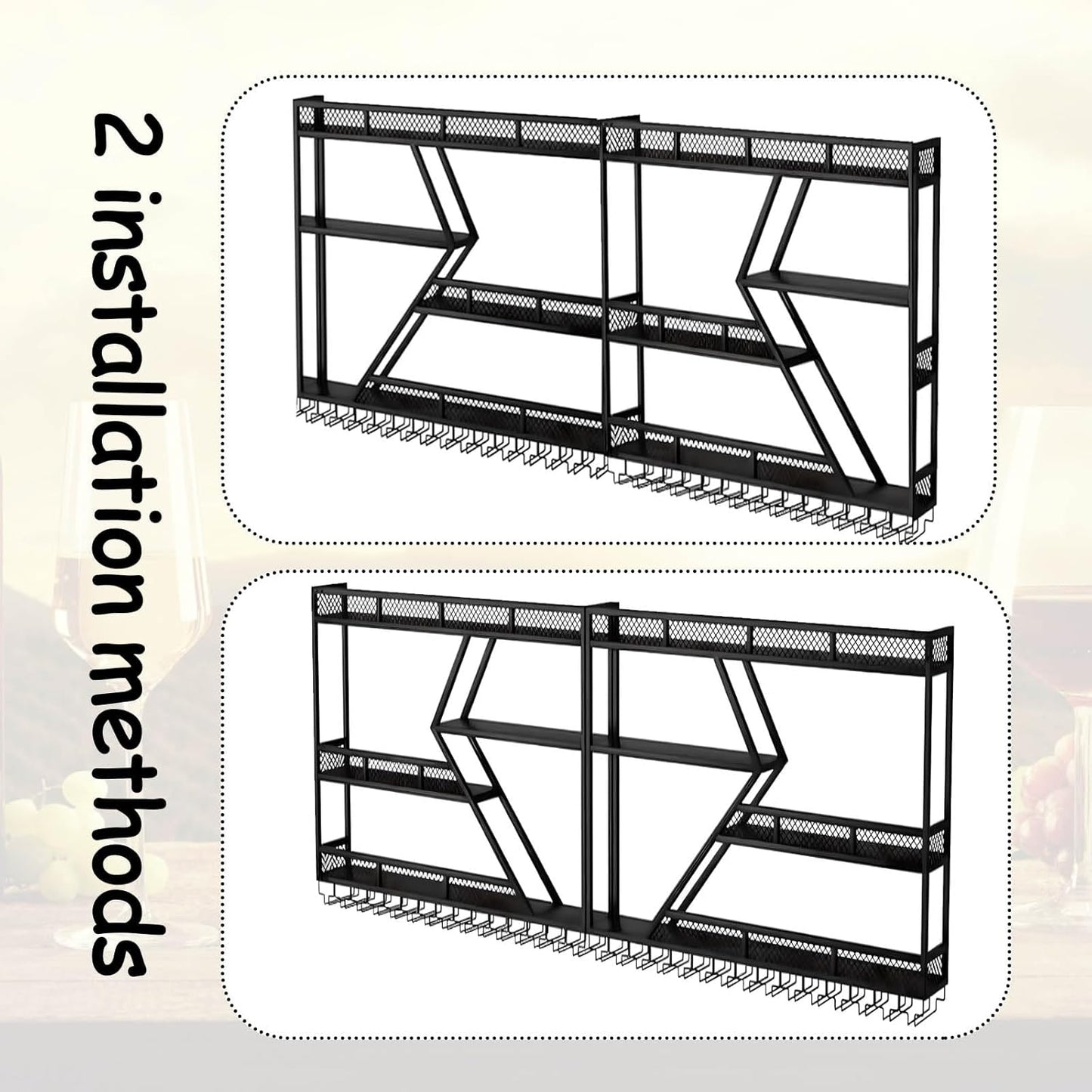 95in Wall Mounted Wine Rack, Large Metal Wine Bottle Holder , 3 Tier Modern Fashion Diamond Shaped Floating Bar Unit Wine Storage Shelves, for Home Restaurant Bars Decor (Black, 3 Tier - 95in)