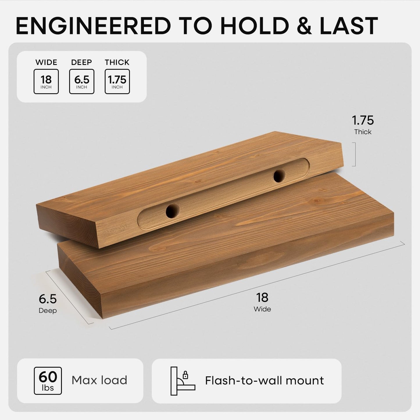 Homeforia 18 inch Golden Oak Floating Shelf, High End Solid Real Wood 18inch Small Floating Shelves for Wall Mounted, Oak Wooden 18in Floating Shelves, Heavy Duty Bracket, 18 X 6.5 X 1.75 in, Set of 2