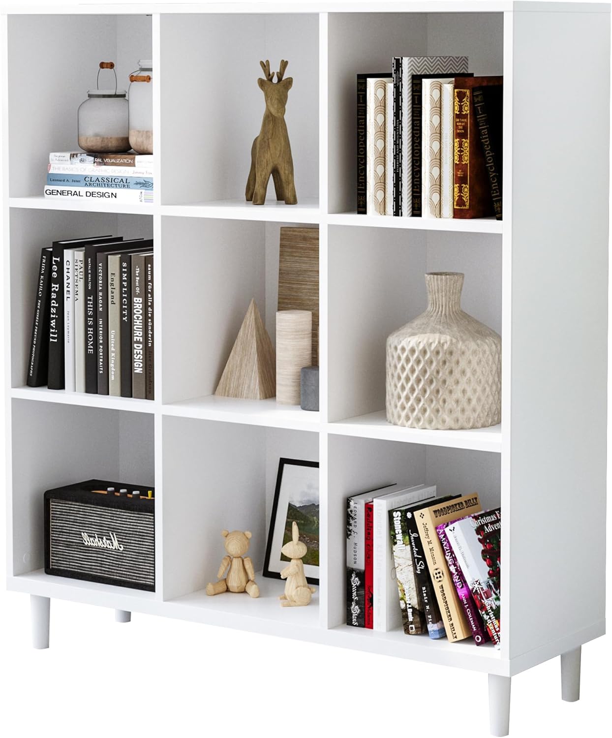 Wood Cube Storage Organizer White Bookshelf - 3-Tier Freestanding Storage Cabinet with Legs for Home Office, 9-Cubes Open Shelf