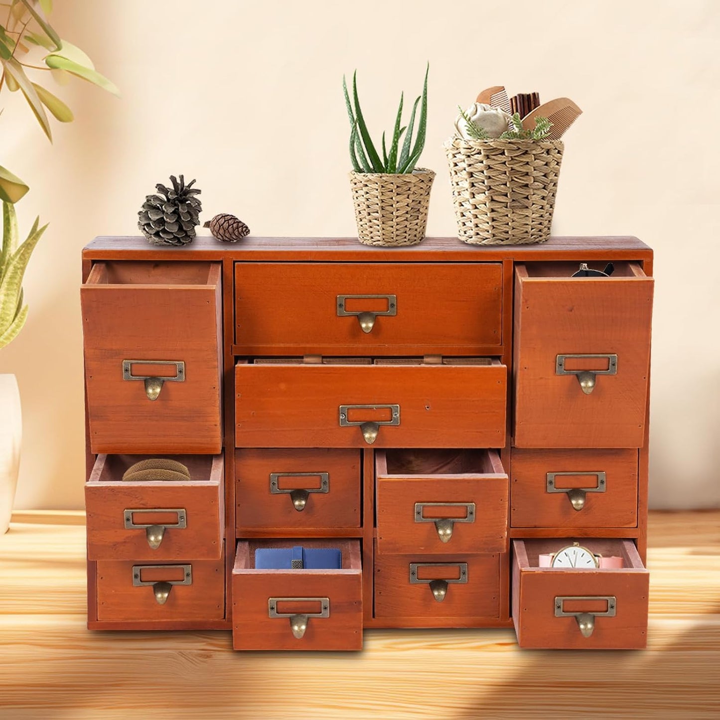 12-Drawer Wooden Storage Cabinet Organizer, Apothecary Cabinet Vintage Library Card Catalog Cabinets for Countertop Apothecary Tea Coffee Pod Storage (Brown)