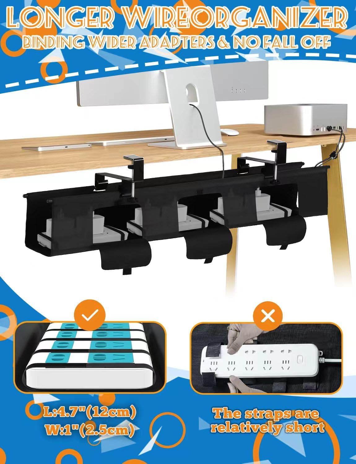 No Drill Under Desk Cable Management Tray - 36" Under Desk Cord Organizer,Clamp/Screw Mount Cable Management, Premium Fabric Cord Hider for Wire Organizer for Office, Home