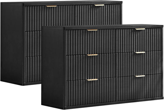 LEYAOYAO Fluted 6 Drawers Dresser Set of 2, 48" Wide Modern Chest of Drawers with Woodgrain Top, Curved Profile Design, Dresser TV Stand, Wooden Drawer Organizer for Bedroom, Living Room,Black