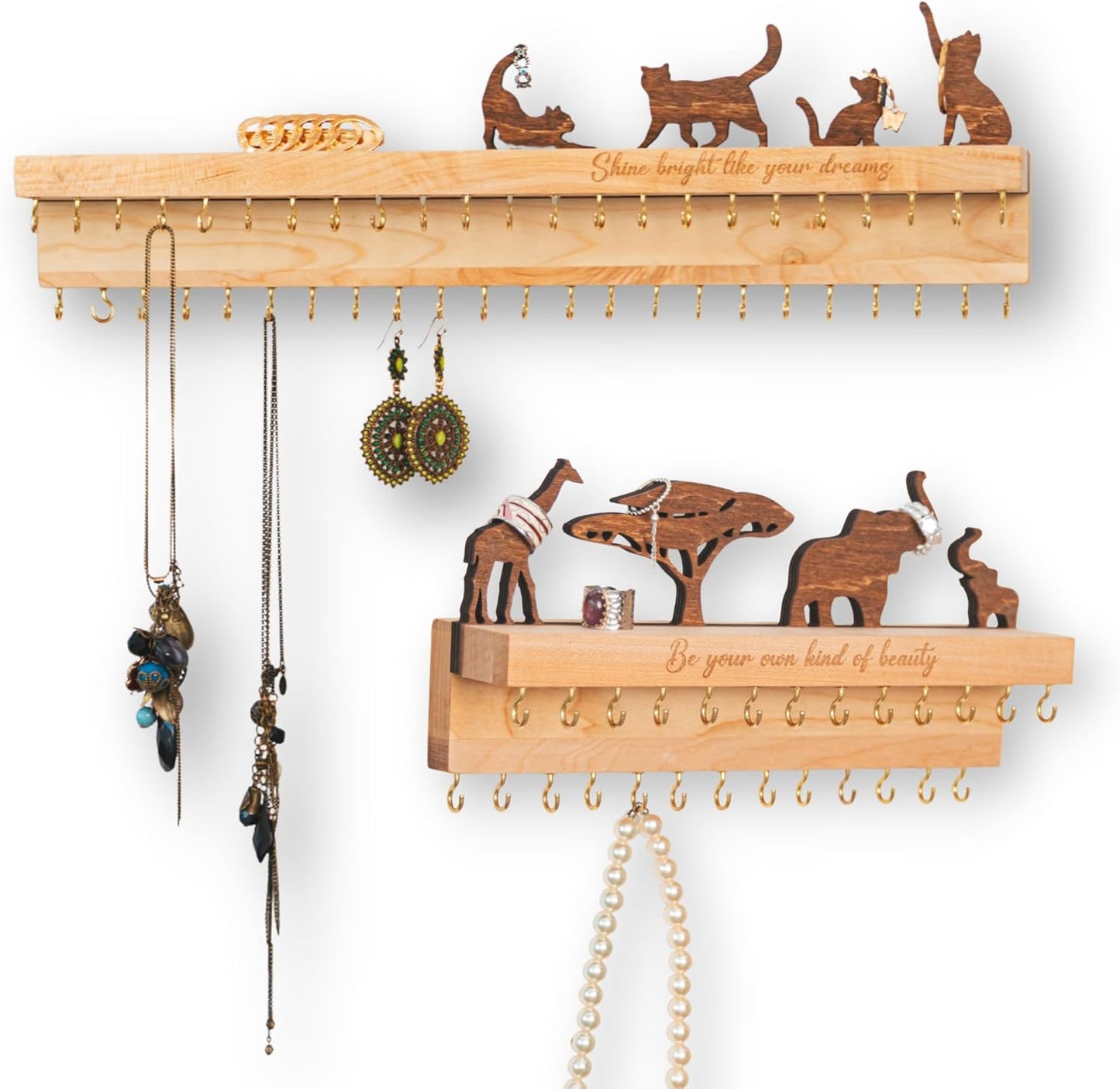 Wooden Jewelry Organizer for Women, Wall Mounted Necklace & Earring Holder with Decor, Personalized Gift Idea for Girlfriend, Anniversary, or Vanity Storage