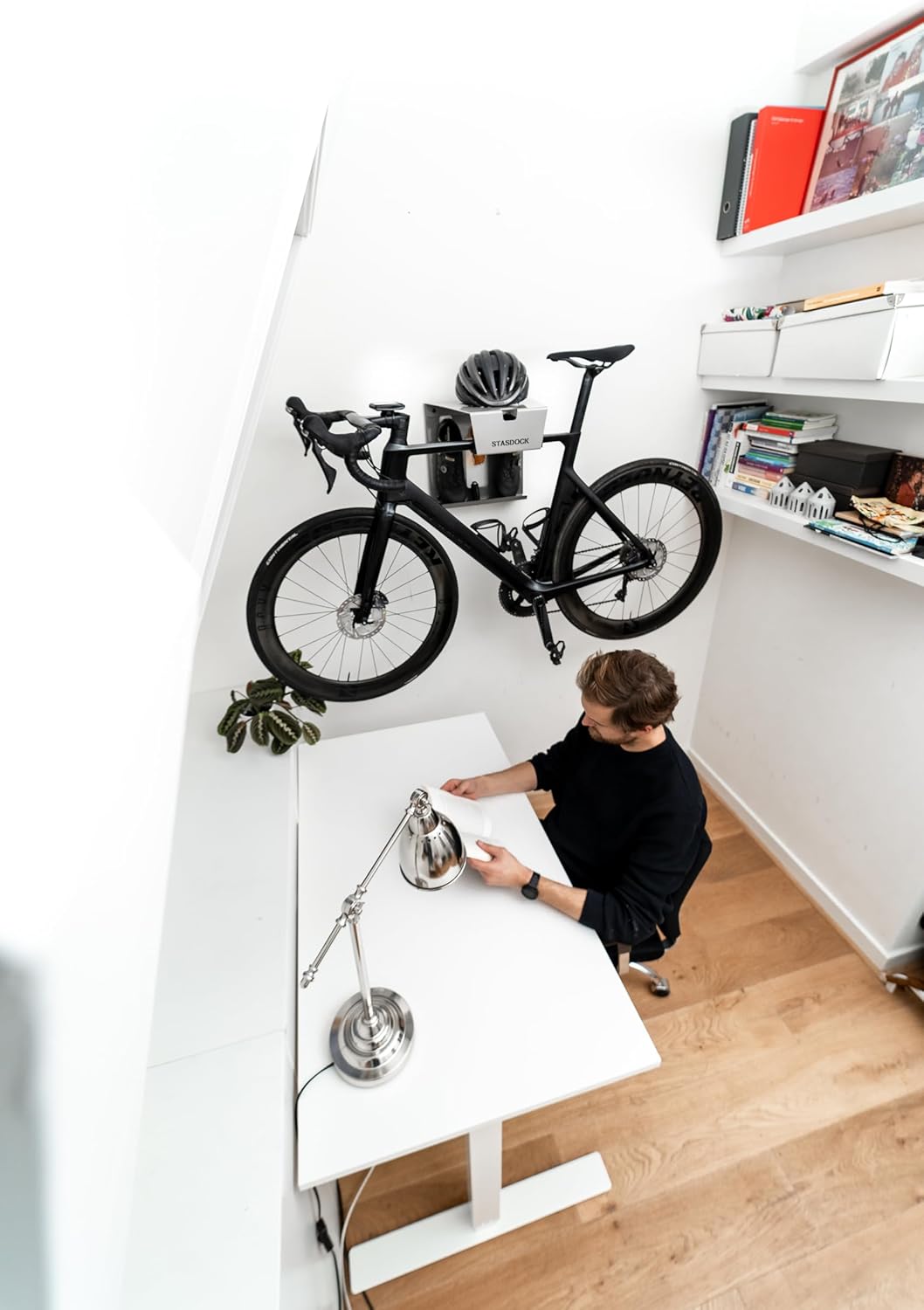 Stasdock Wall Bike Rack | Bike Storage Wall Mount System | For Race Bicycles (Silver Metallic) and Mountain Bikes | Bike Shelf | Indoor bike wall bracket | Stores helmet and shoes | Home and Garage