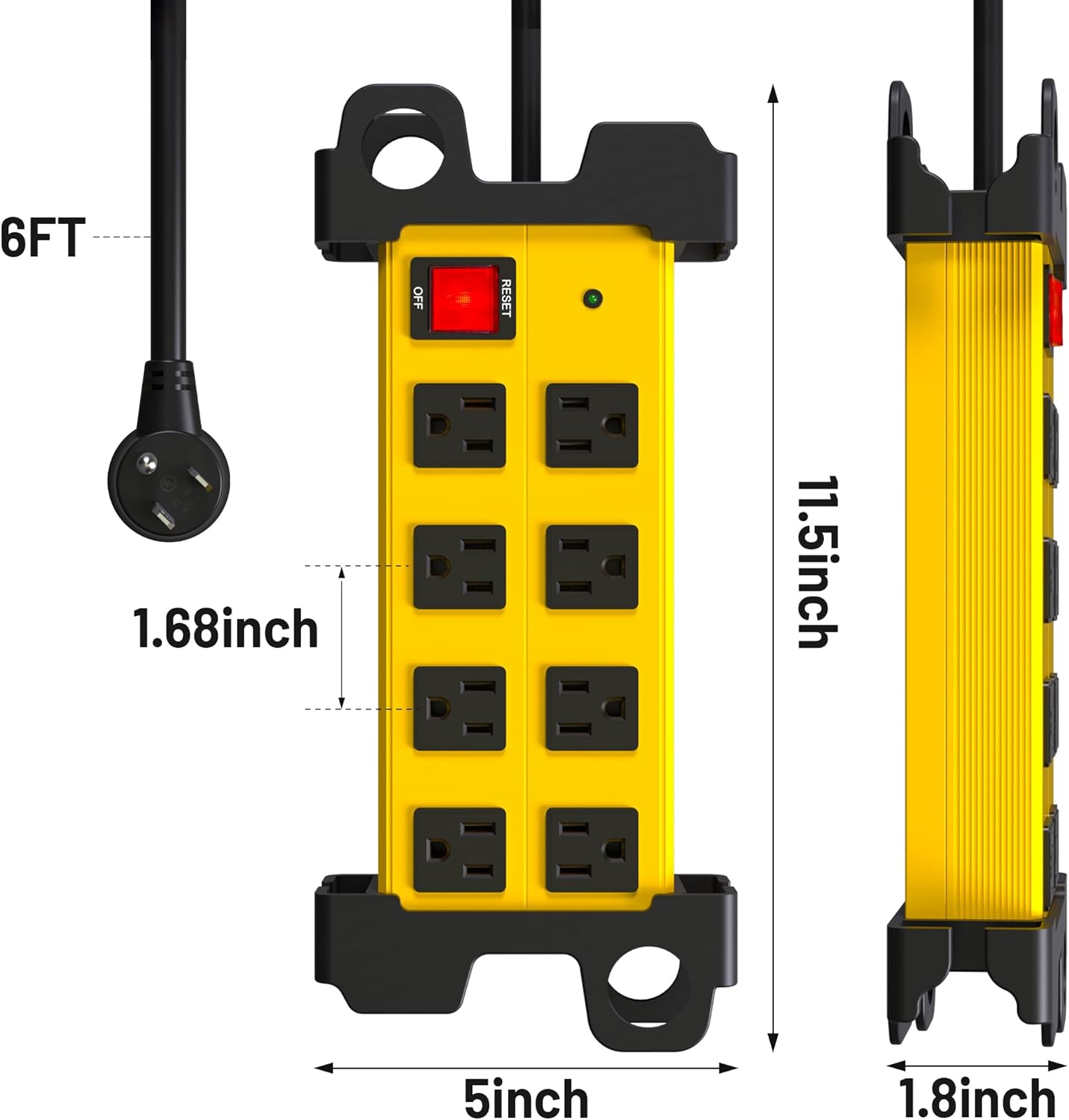 8 Outlet Heavy Duty Power Strip, 2700J Surge Protector with 6FT Extension Cord, Industrial Metal Powerstrip 15Amp, Wall Mount for Garage Workshop Outdoor Home Office, Wide Spaced (6ft)