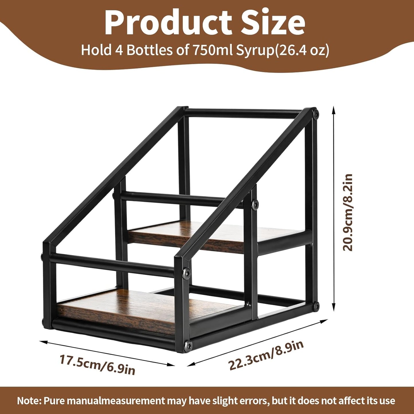 Coffee Syrup Rack Organizer,Liquor Bottle Display Shelf,2-Tier 4 Bottle Stand for Coffee Bar, Kitchen Station, Liquor, Wine, Dressing,Rustic Brown