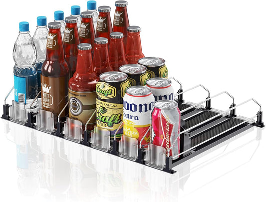 Drink Organizer for Fridge,12oz 16oz 20oz - Soda Can Dispenser for Refrigerator,Width Adjustable,Automatic Pusher Glide (Black, 15"D 6ROW, Holds 30 Cans)