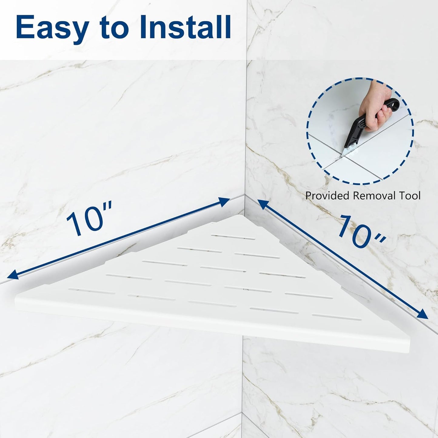 Corner Shower Shelves, 10” Recessed Tile Shower Shelf, 304 Stainless Steel Grout in Corner Tile Shower Shelves, No Drilling, Matte White, 2 Pack