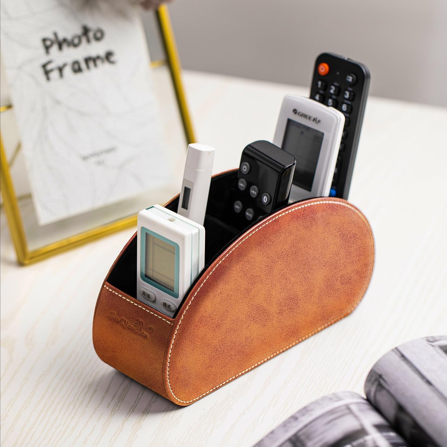 Remote Control Holders Organizer Box with 5 Compartment PU Leather Multi-functional Office Desk Storage Caddy Store Tv Remote for Media Player,Brush,Pencil,Glassees&Office Supplies (Two tone brown)