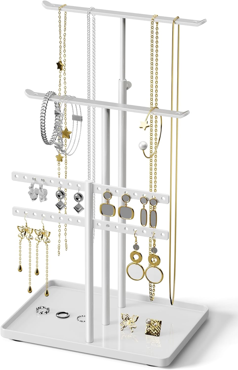 Jewelry Holder Organizer Stand - Adjustable Jewelry Tree 17.5" Height (Max), Jewlery Hanger for Necklaces, Bracelets, Earrings, Stainless, White