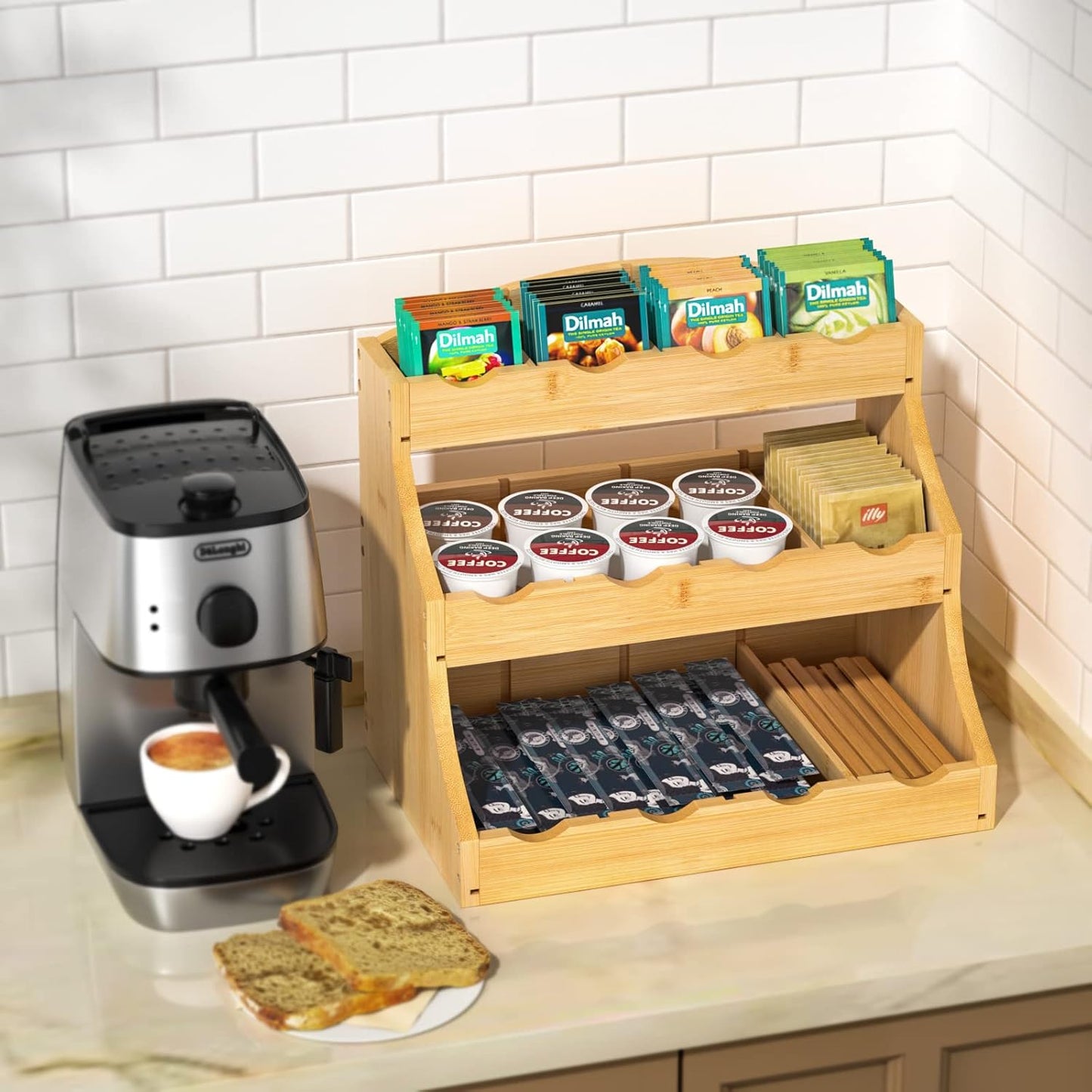 Bamboo Tea Bag Organizer, 3 Tier Vertical Tea Organizer, Tea Holder For Kitchen Island, Coffee Shop Or Office, Tea Storage With 12 Adjustable Partitions (Self-Assembly)