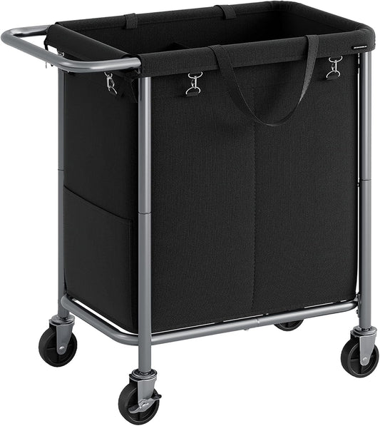 SONGMICS Laundry Basket with Wheels, 2-Section Rolling Laundry Hamper, 37 Gallons (140 L), Removable Liner, Steel Frame with Handle, 27.2 x 15.4 x 31.9 Inches, Ink Black URLS004B01