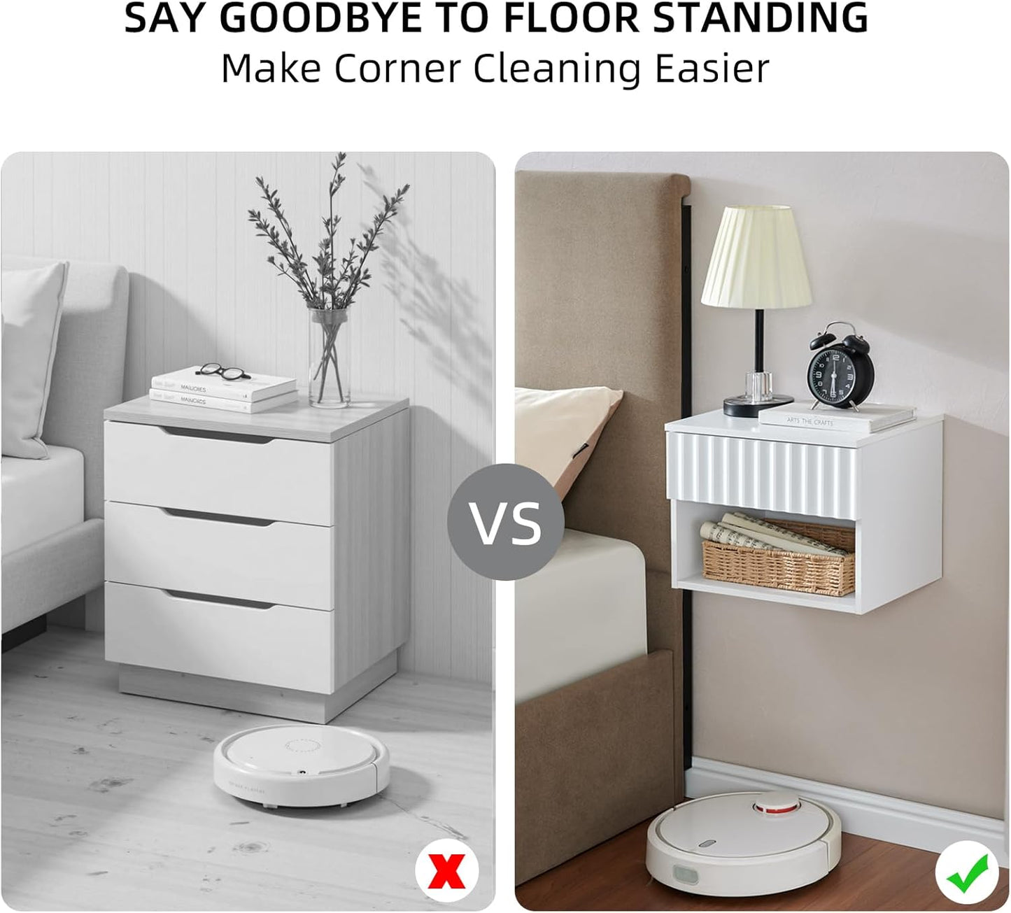 Floating Nightstand with Fluted Drawer - Modern Wall Mounted Bedside Table with Open Storage Shelf, Small Night Stand TV Stand for Bedroom(Matte White, Set of 2)