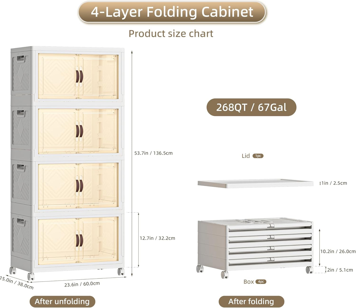 268 QT / 67 Gal Extra Wide Foldable Plastic Cabinet with Double Magnetic Doors & Leather Handles - Stackable, 4 Locking Wheels, Space Saving Storage for Small Spaces