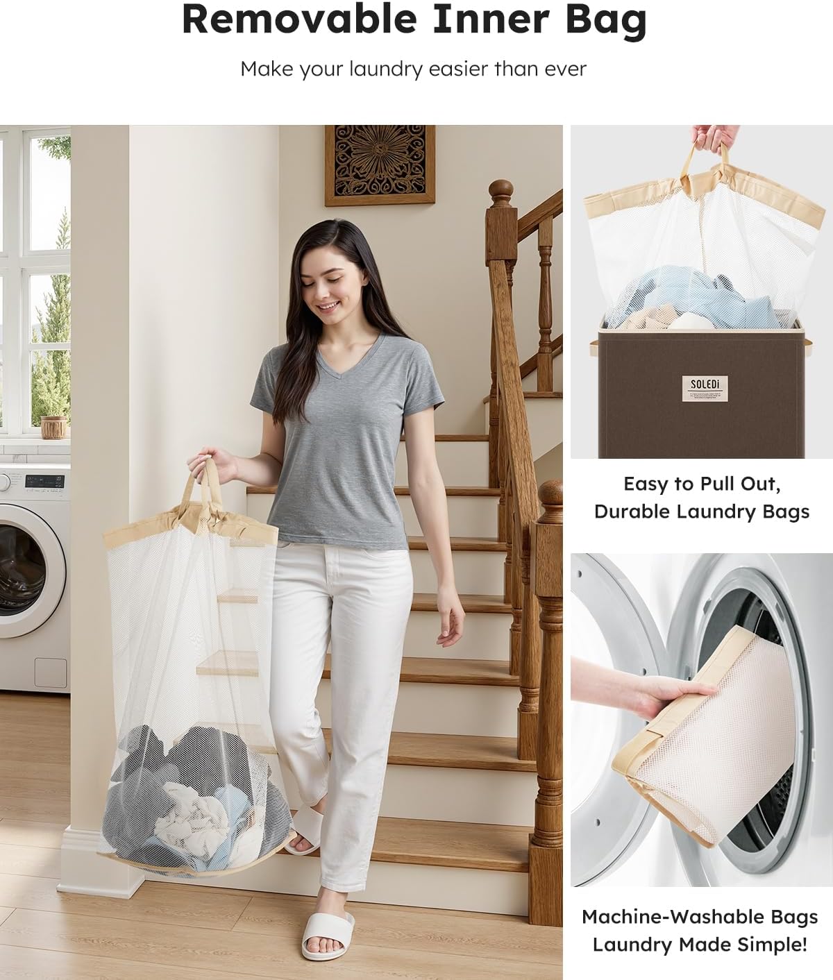 SOLEDI Laundry Hamper with Lid 100L Large & Tall Collapsible Laundry Basket, Clothes Hamper with Bag Removable Easy to Carry, Dirty Hampers for Bedroom, Bathroom, Dorm, College, Chocolate