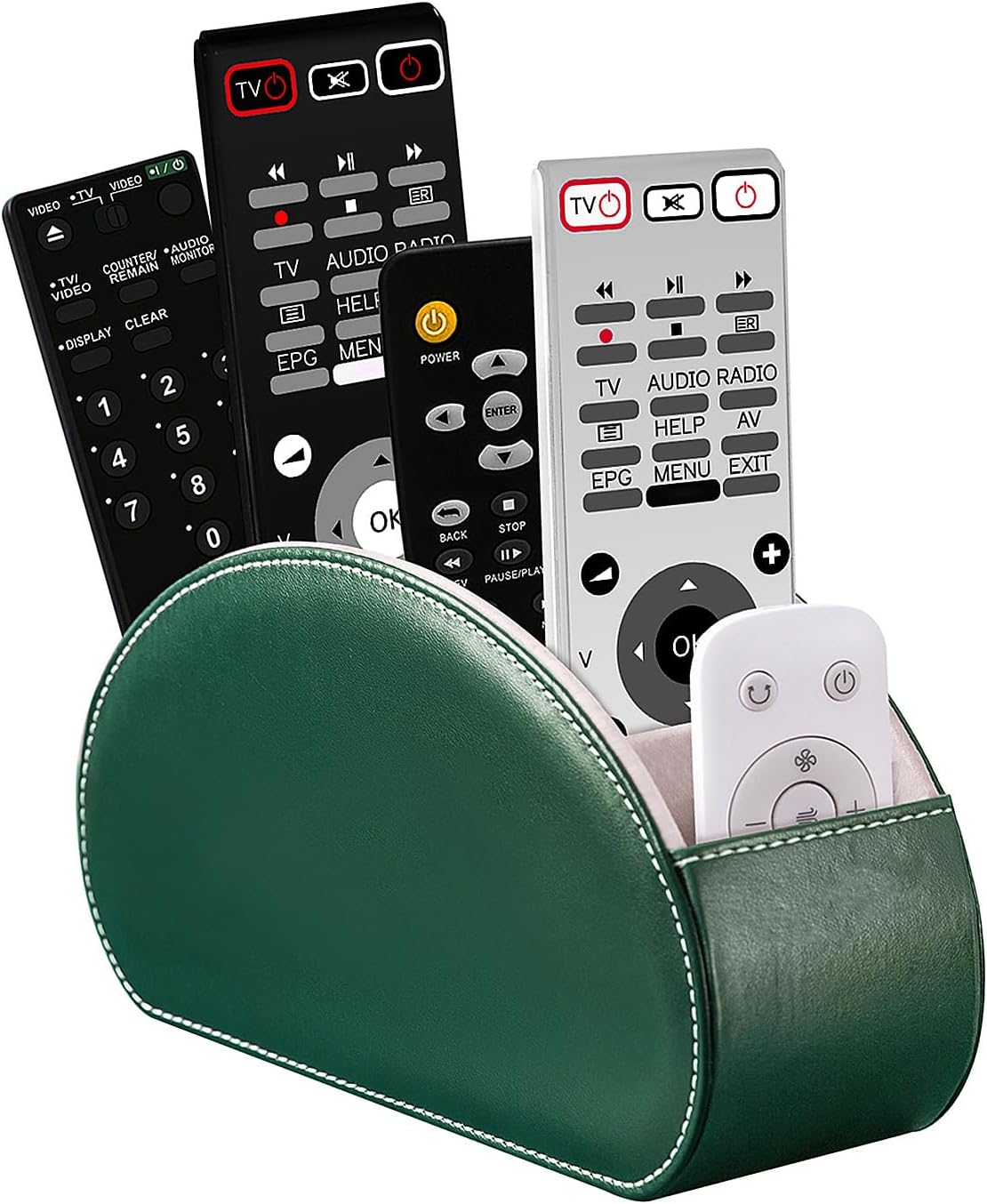 Remote Control Holders Organizer Box with 5 Compartment PU Leather Multi-functional Office Desk Storage Caddy Store Tv Remote for Media Player,Brush,Pencil,Glassees&Office Supplies (Dark Green)