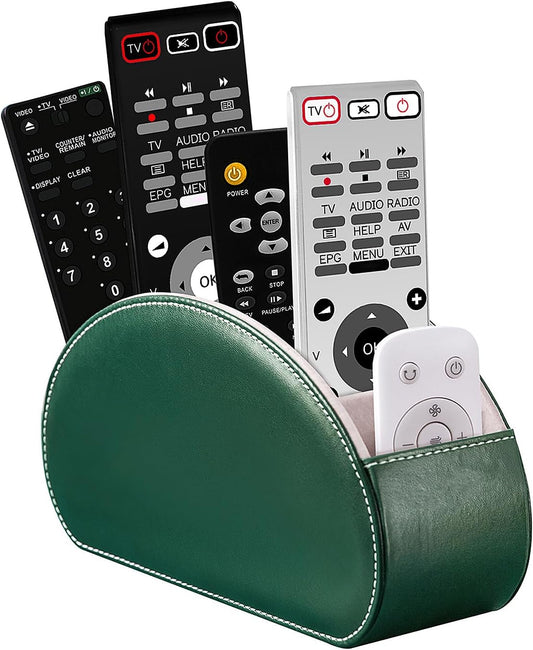 Remote Control Holders Organizer Box with 5 Compartment PU Leather Multi-functional Office Desk Storage Caddy Store Tv Remote for Media Player,Brush,Pencil,Glassees&Office Supplies (Dark Green)