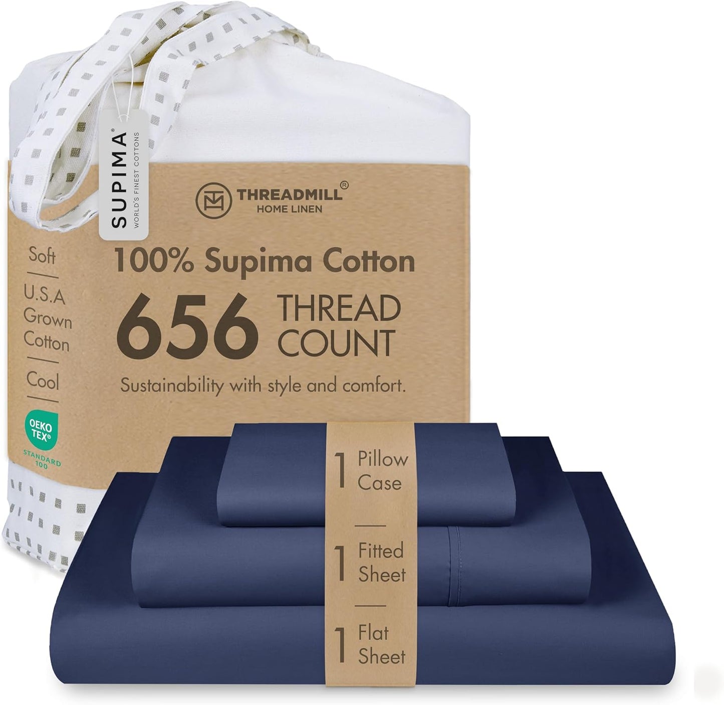 Threadmill Twin XL Sheet Sets |656 Thread Count 100% Supima Cotton Sheets for Twin XL Mattress | 16” Deep Pocket | Soft 3-Piece Cooling Sheet Set | Folkstone Blue