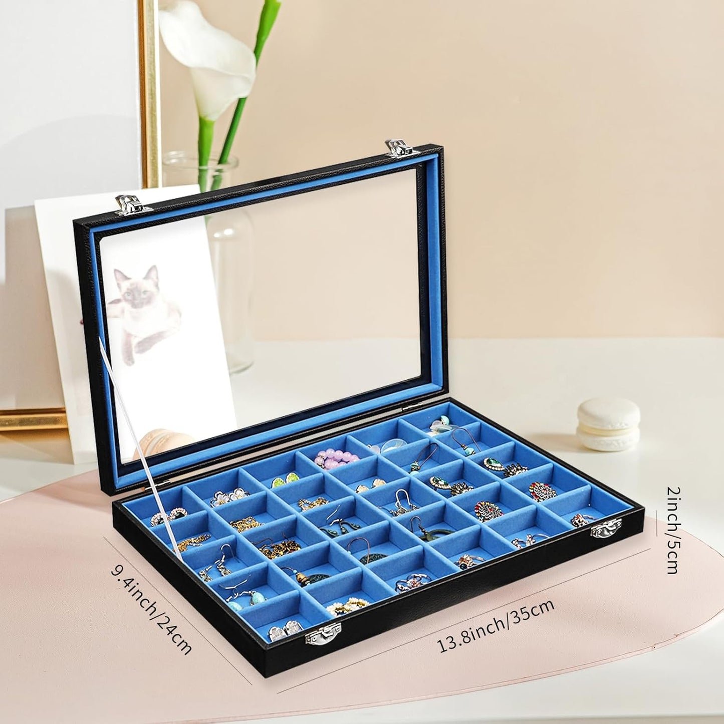 Stratalife Jewelry Holder Organizer Jewelry Drawer Organizer Earring Holder Jewelry Organizer Tray Earring Organizer for Women Girls Anti Tarnish Jewelry Box 30 Grid (Blue Black)
