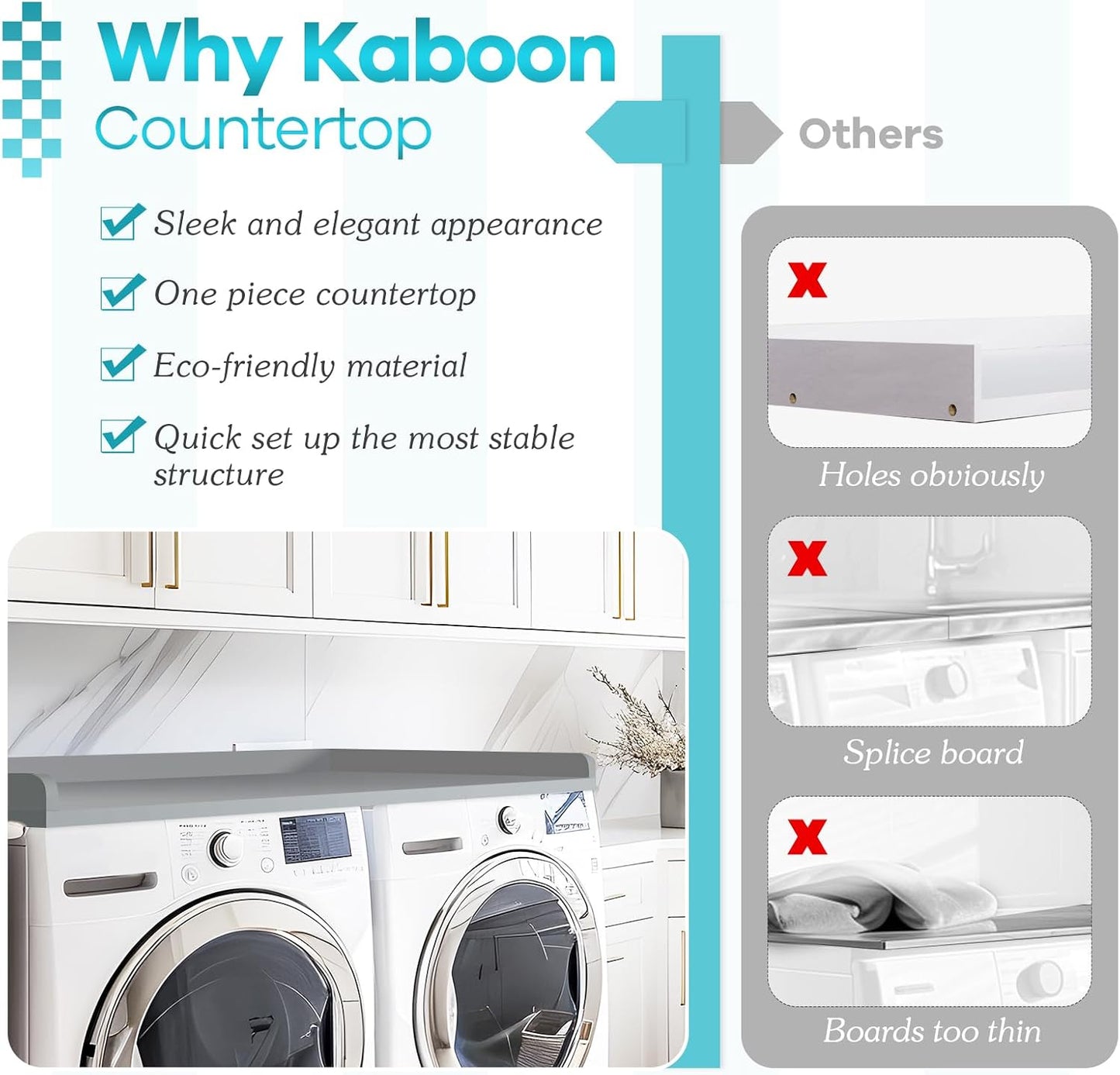 Kaboon Washer Dryer Countertop, Melamine Countertop with 2" Edge Rails - 27.5" Depth x 54" Width Laundry Room Organization, Grey