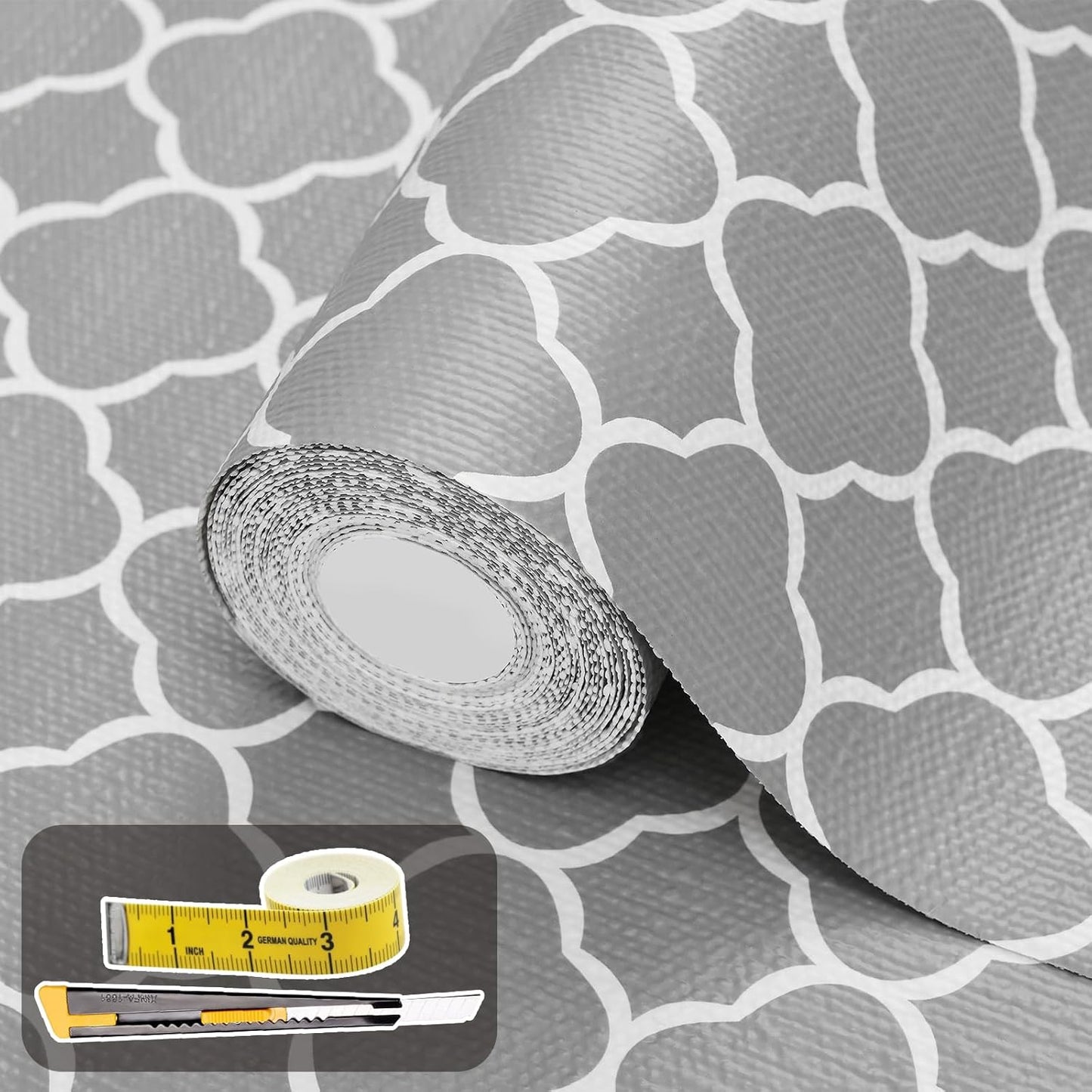 Shelf Liners for Kitchen Cabinets 17.3in x 20FT Non Adhesive Drawer Liner Gray Quatrefoil Thickened Shelf Liner Strong Non-Slip Easy to Clean for Tool Box Refrigerator with Knife and Tape Measure