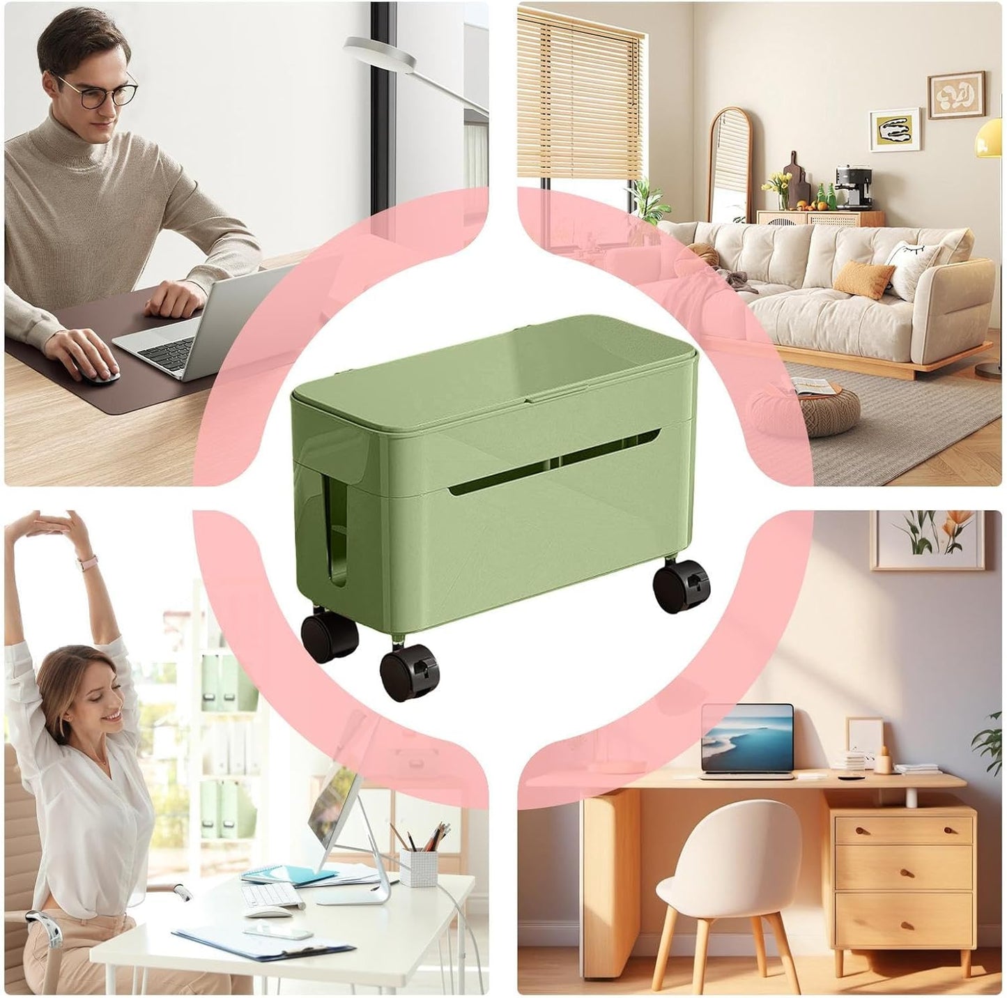 Cable Box Organizer | Wire Storage Container with Wheels | Tabletop Charger Cord Storage | for Home Office Dormitory Gaming Setup TV Stand Computer Desk Tech Enthusiasts Renters Content Creators
