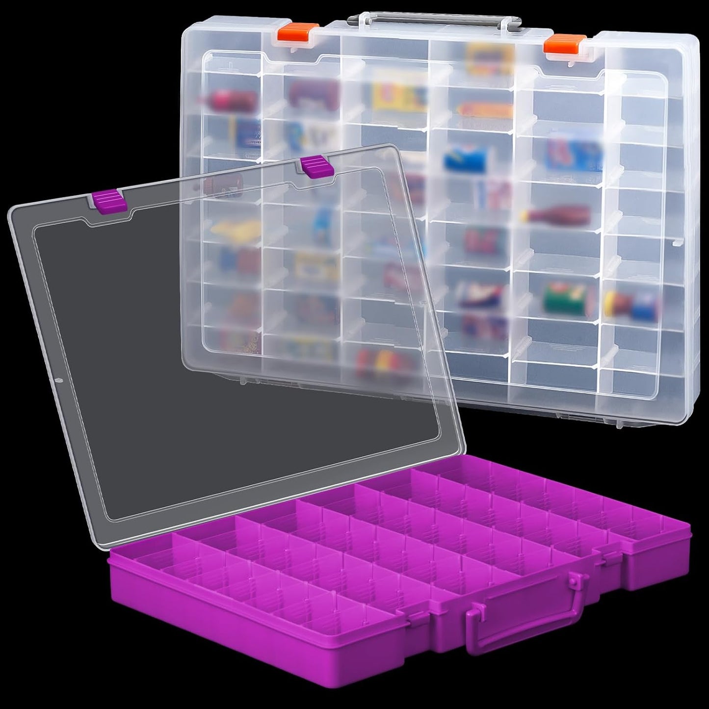 Juexica 2 Pcs Large 48 Grids Plastic Storage Bead Organizer Box, Tackle Box, Compartment Organizer Container with Adjustable Dividers for Jewelry Art Crafts Toys Screw Small Parts(Clear, Purple)