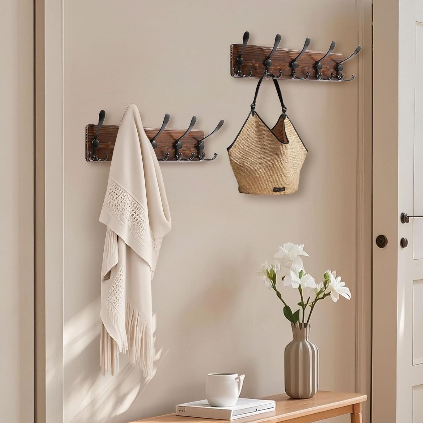 2 Pack Coat Rack Wall Mount 16.8'' Rustic Hat Rack with 5 Triple Hooks Coat Hooks Wall Mount Farmhouse Wall Hooks for Hanging Coat, Bags, Towels