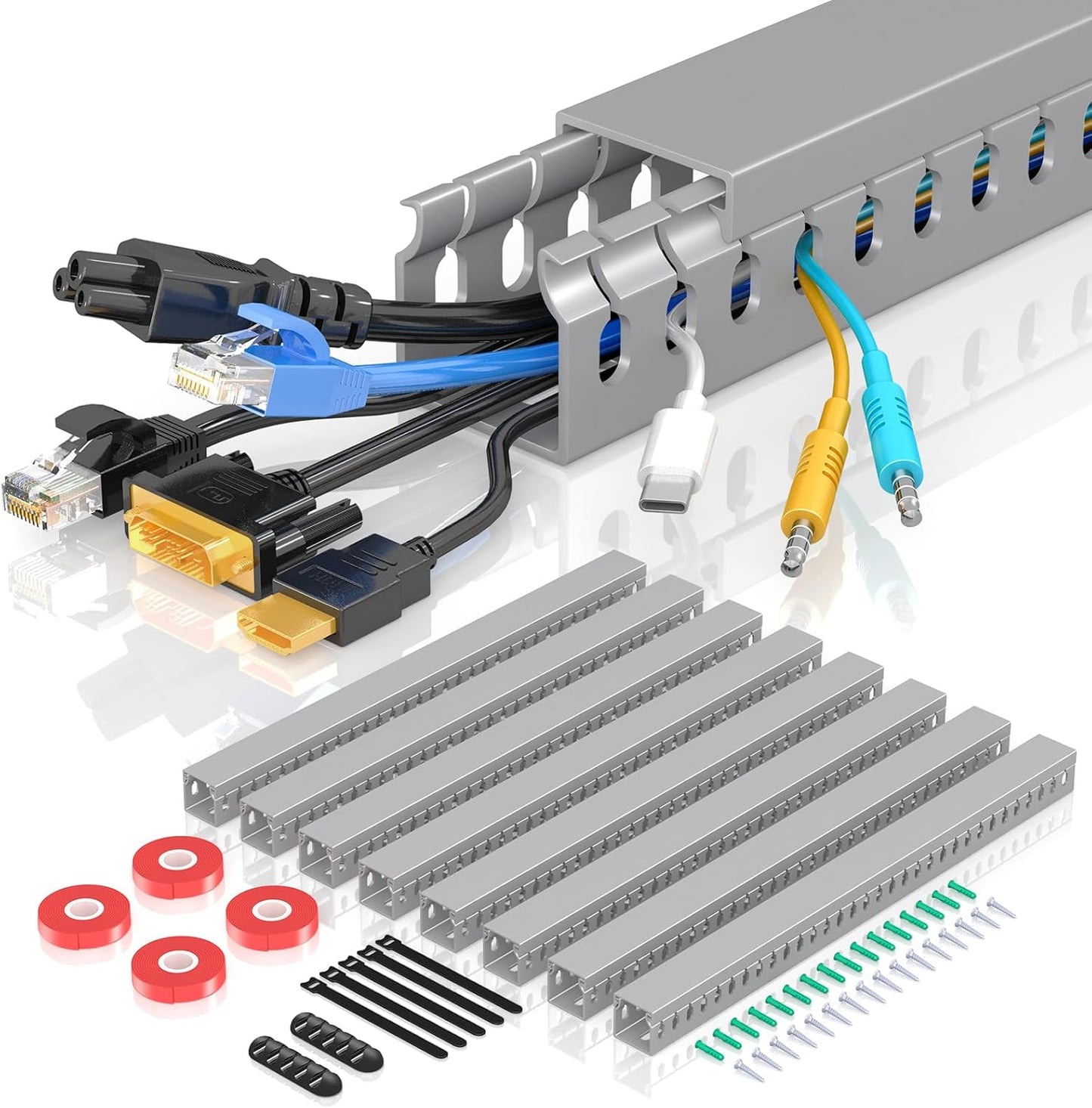 Open Slot Wire Duct Kit, 125.6"(8 x 15.7) Server Rack Cable Management, Cable Management Raceway for Hide Network HDMI VGA Cable, Wiring Raceway Cable Duct, Desk Wire Channel, 8 Pack, Grey