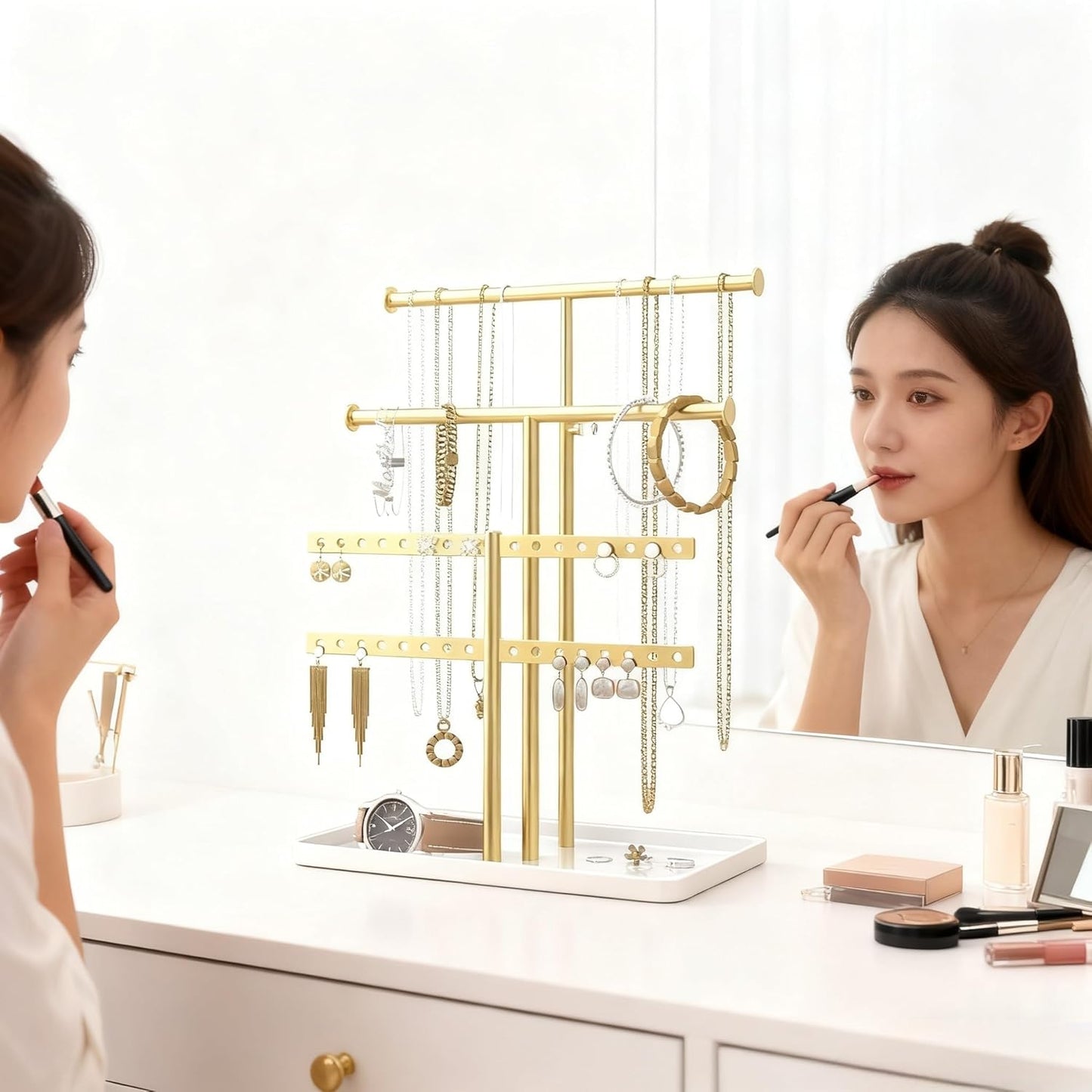 3 Tier Jewelry Holder Organizer, Necklace Display Stand, Height Adjustable Jewelry Tower for All Earrings, Bracelets, Watches, Rings