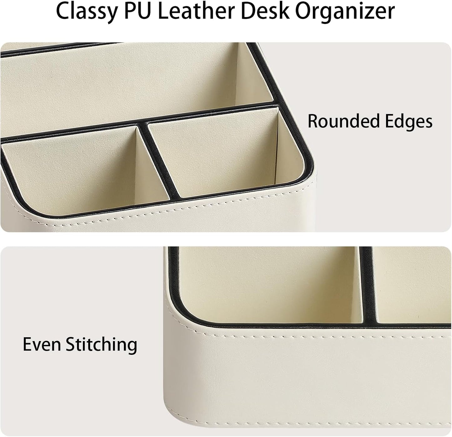 Remote Control Holder, PU Leather Small Desk Organizer with 4 Compartments, Nightstand Organizer Desk Caddy for Remote, Notepad, Phone, Glasses, and Accessories (Cream)