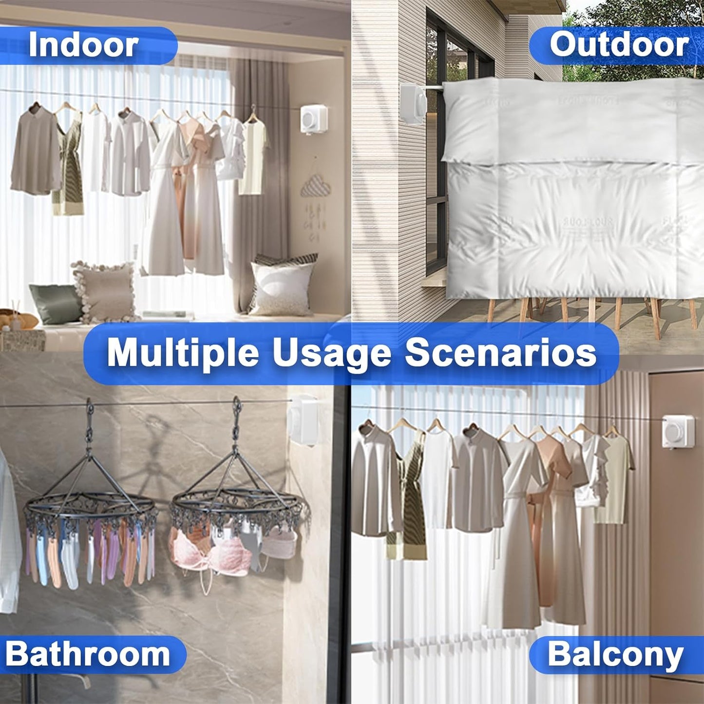 Retractable Clothesline Indoor, Non-Sagging Outdoor Clothes Drying Line Retracting Heavy Duty Clothes Drying Laundry Line Wall Mounted Stainless Steel Line - 15.6 Feet (Square White)