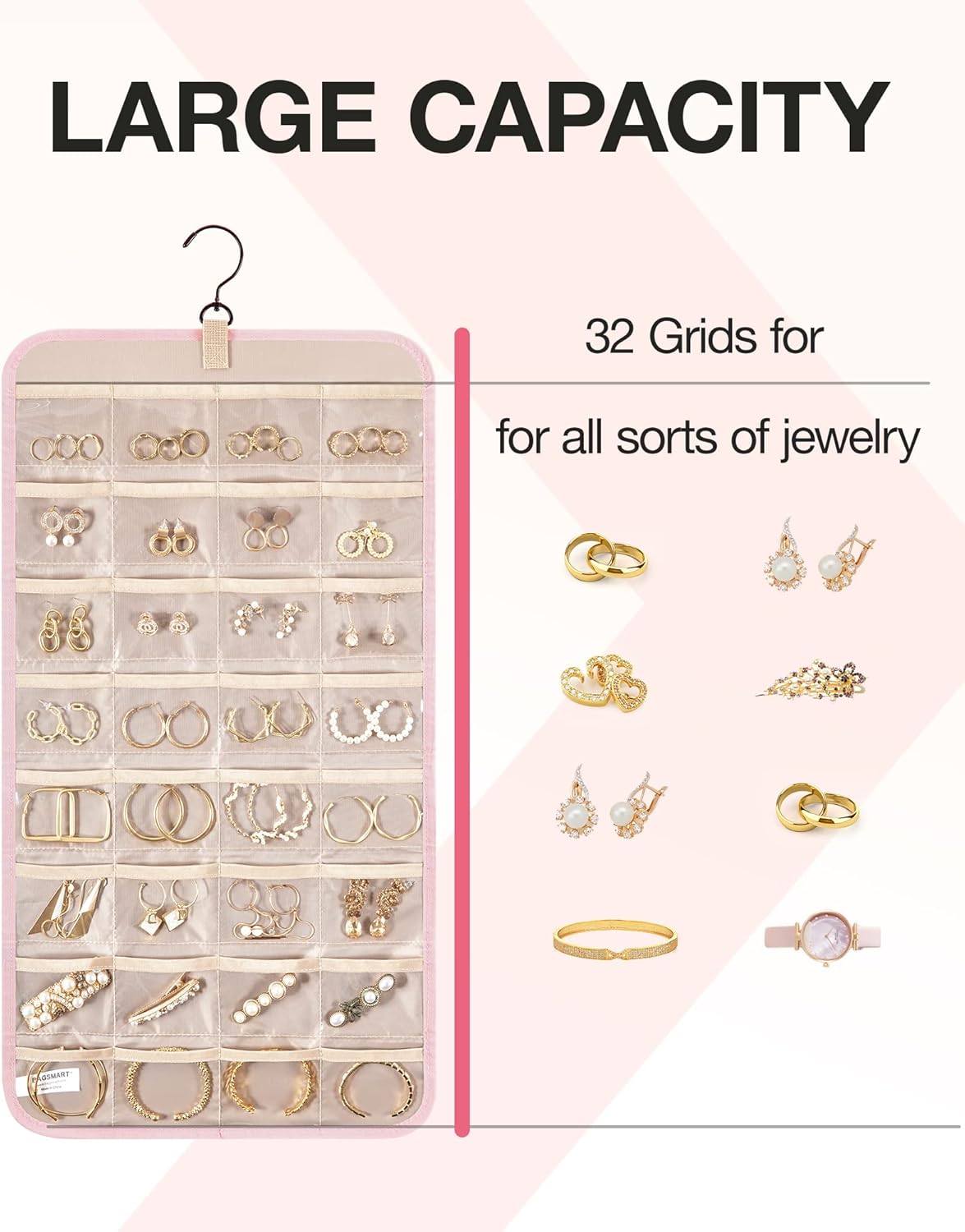BAGSMART Hanging Jewelry Organizer Storage Roll with Hanger Metal Hooks Double-Sided Jewelry Holder for Earrings, Necklaces, Rings on Closet, Wall, Door, 1 piece, Medium, Pink