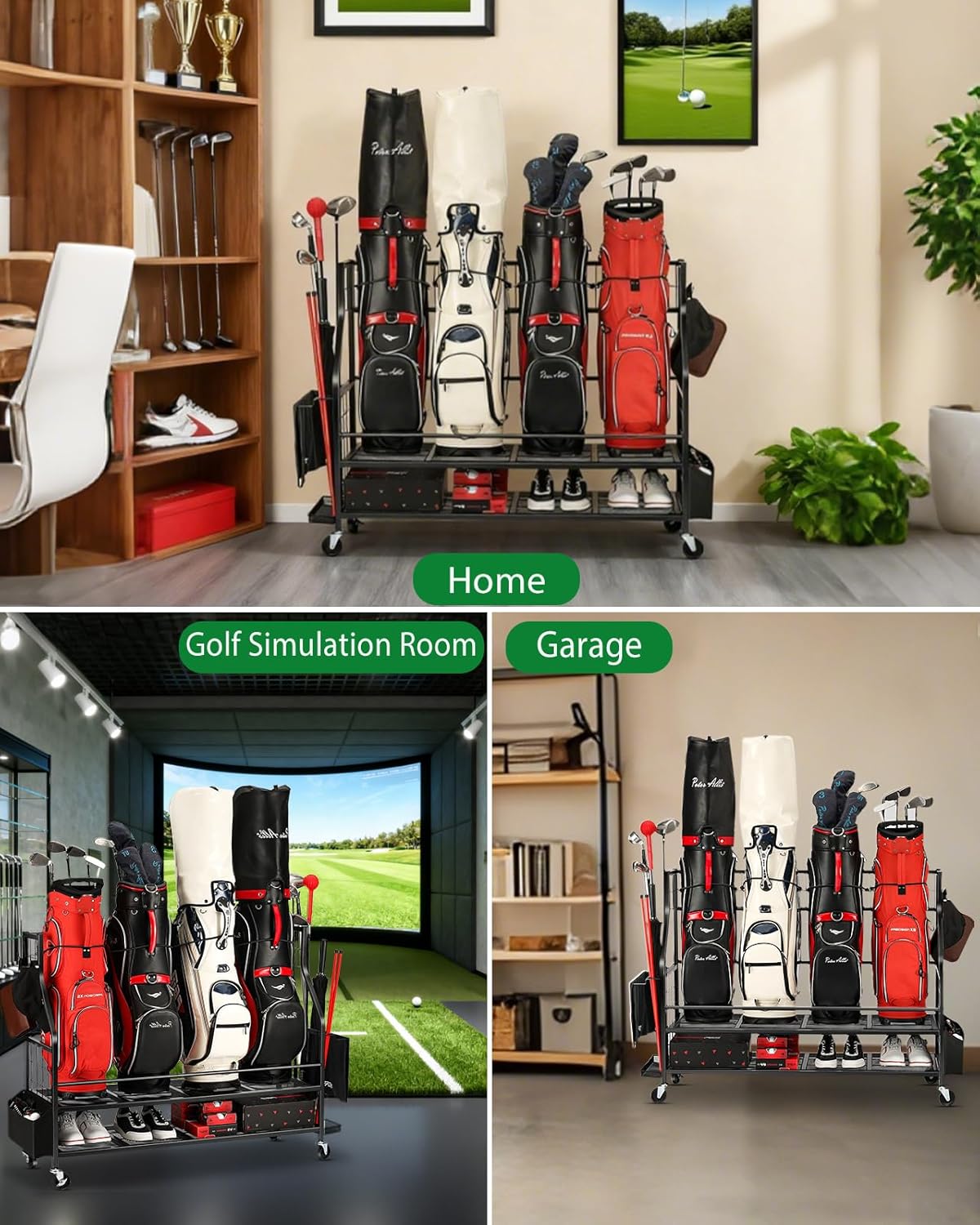 Golf Bag Storage Garage Organizer- Golf Bag Stand Fit for Golf Bags, Golf Clubs, Golf Balls, Golf Equipment Accessories, Golf Bag Storage Rack with Wheels for Garage