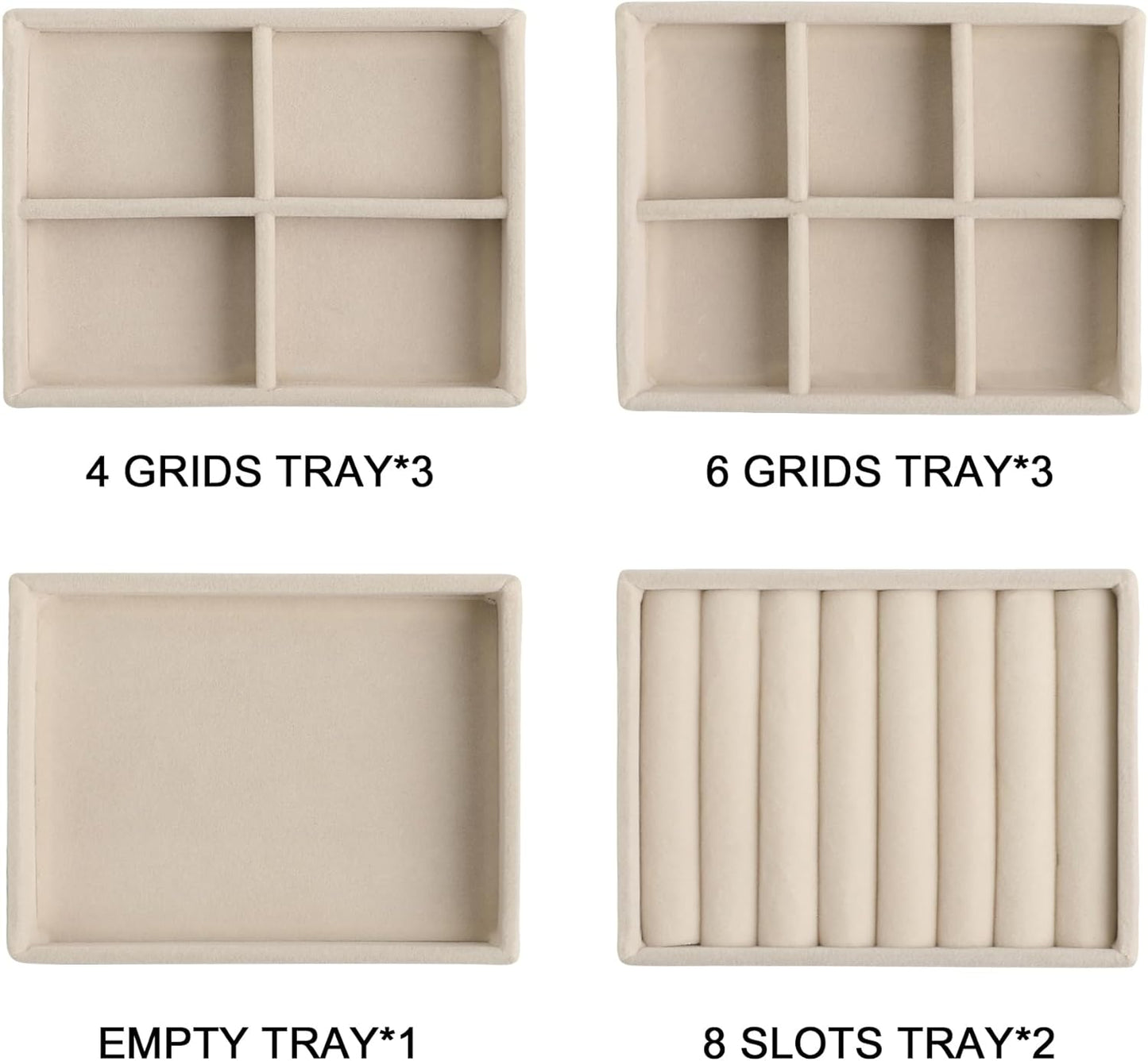 Frebeauty Small Jewelry Tray Set,Stackable Velvet Jewelry Organizer Tray,Mini Jewelry Drawer Organizer,Drawer Inserts,4.92 x 3.74 x 0.9 Inches,Earring Organizer for Women(Set 9,Beige)
