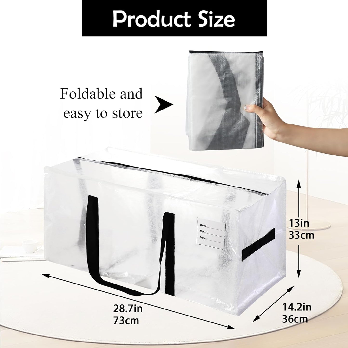 8 Pack Heavy Duty Extra Large Moving Bags with Black Handles, Waterproof Foldable Storage Totes,Clothing Storage Bags,Packing Moving Boxes for College Supplies & Seasonal Storage,Clear
