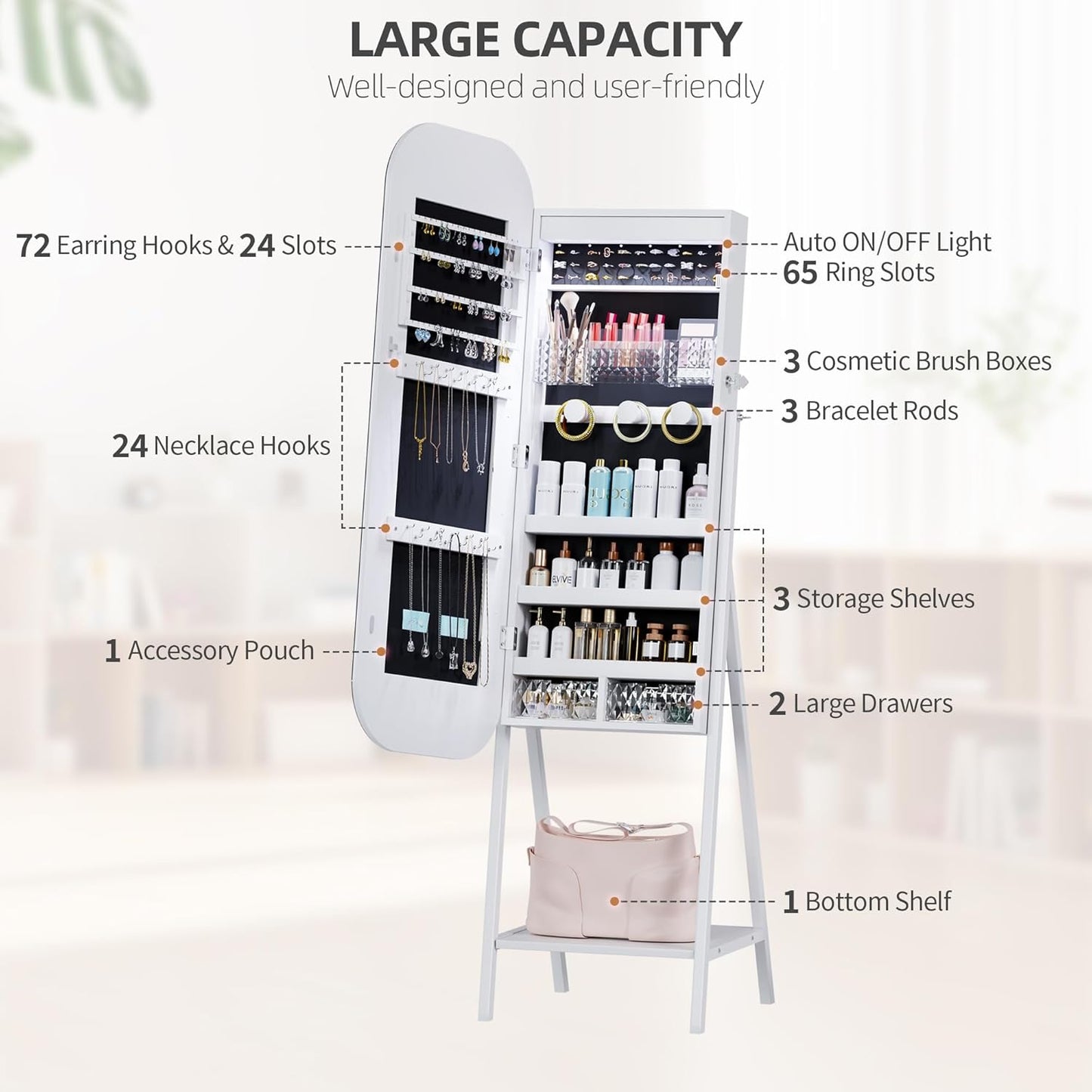 6 LED Mirror Jewelry Cabinet - Wall/Door Mounted Armoire with Large Capacity, Lockable, 14 Dimmable Lights + Adjustable Full-Length Standing or Hanging, White - Cosmetic Storage Organizer, Gift Idea